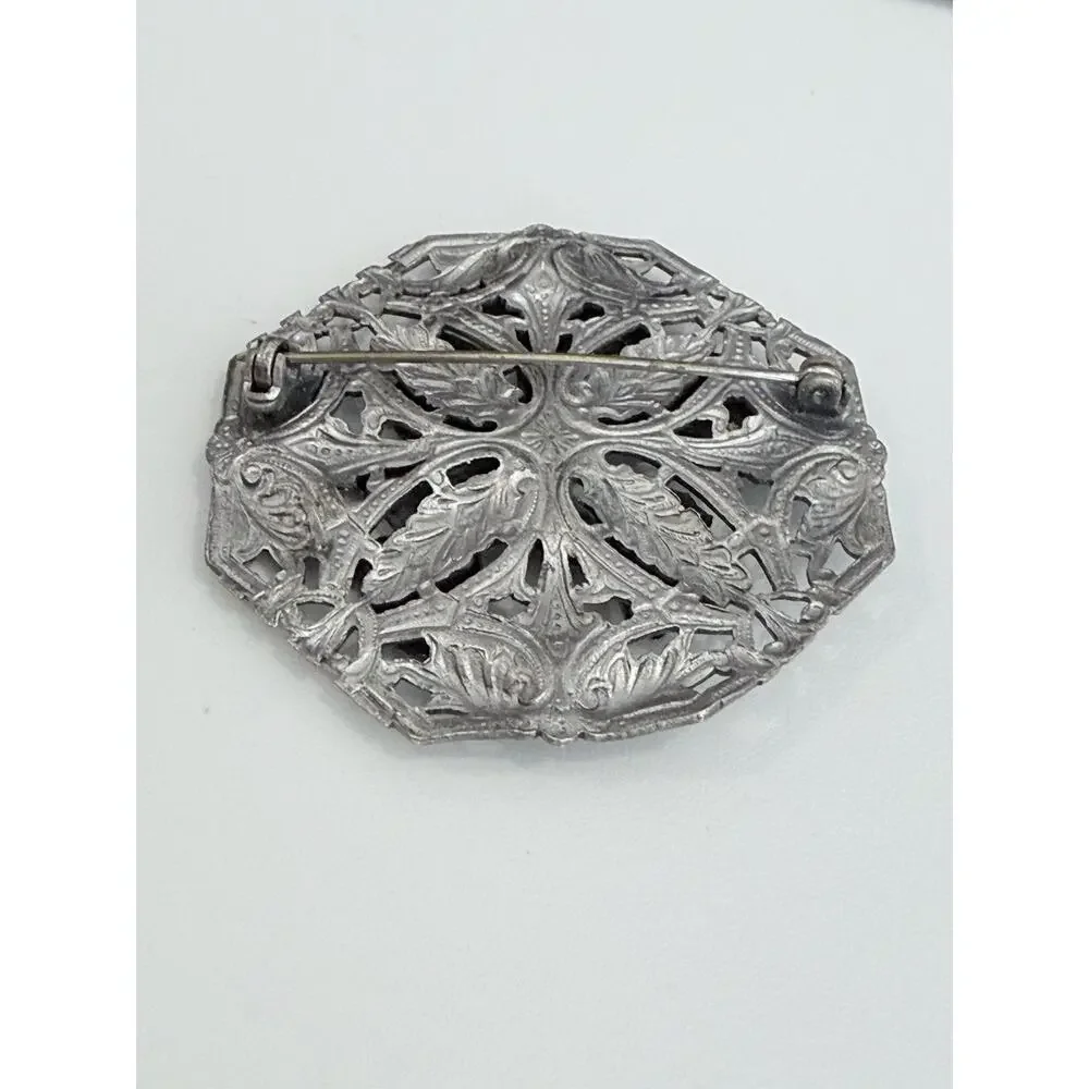 Vintage Art Nouveau Floral Octagon Silver Pewter Tone Brooch